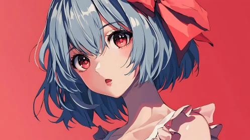 Anime portrait with blue hair and red bow on coral background.