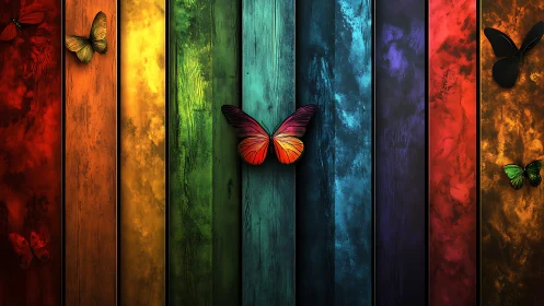 Butterflies rest on vertically striped multicolor panels