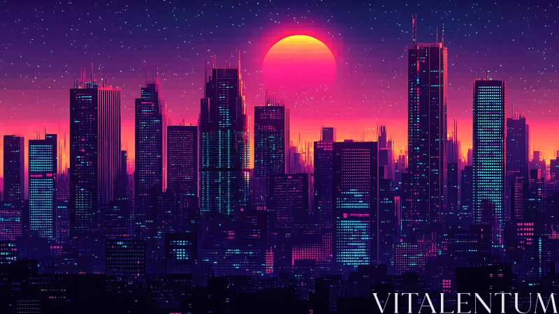 Neon voxel-style skyline under saturated magenta sunset gradient