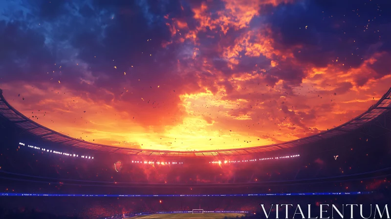 Stadium halo ignites beneath a storm of molten sunset clouds
