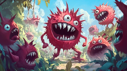 Spiky red jungle monsters charging through lush foliage.
