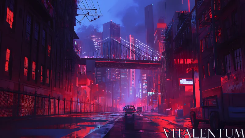 Neon soaked cyberpunk street frames bridge and distant skyline