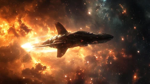 Fusion-drive star cruiser traversing volatile nebular corridor.