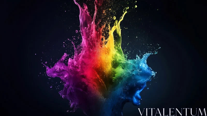 Exploding splash of neon rainbow paint shatters the darkness