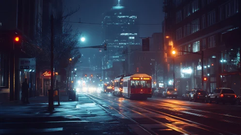 Electric streetcar on wet downtown avenue at night. Period.