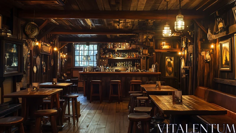 Rustic wooden tavern interior with warm ambient lighting.