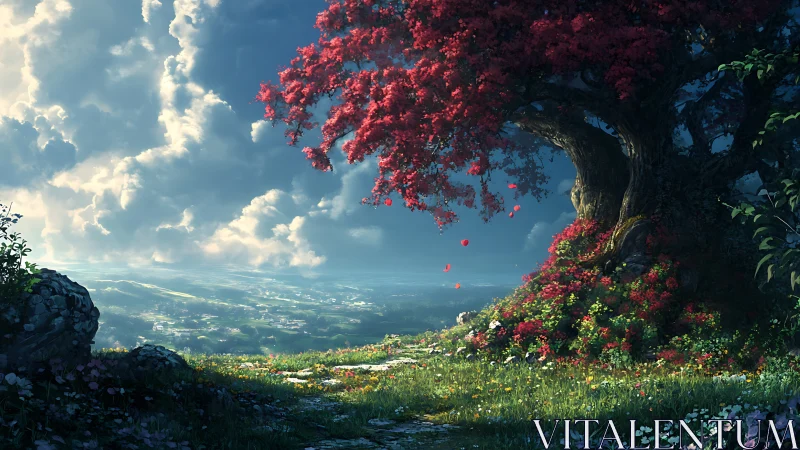 Vast cloud valley landscape framed by luminous red-blossom tree edge