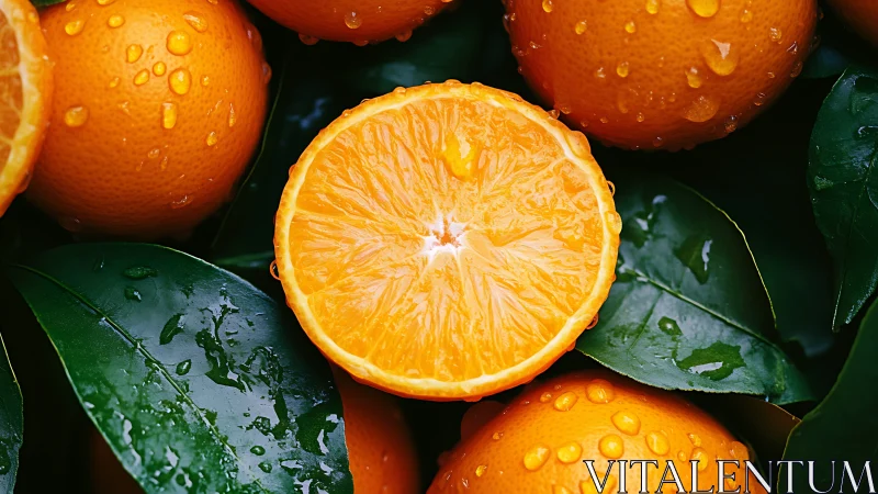 Juicy halved orange amid wet citrus leaves in macro view.