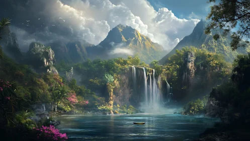 Lush tropical canyon with cascading waterfalls and misty peaks.