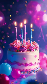 Luminescent Birthday Cake with Multi-Color Spiral Candles and Bokeh Ambient Lighting