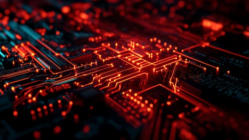 Luminous red PCB traces depict high-density data routing network