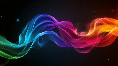 Flowing neon light ribbons drift across a dark cosmic void.