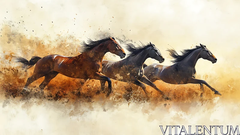 Wild horses sprint through desert light in fluid motion.