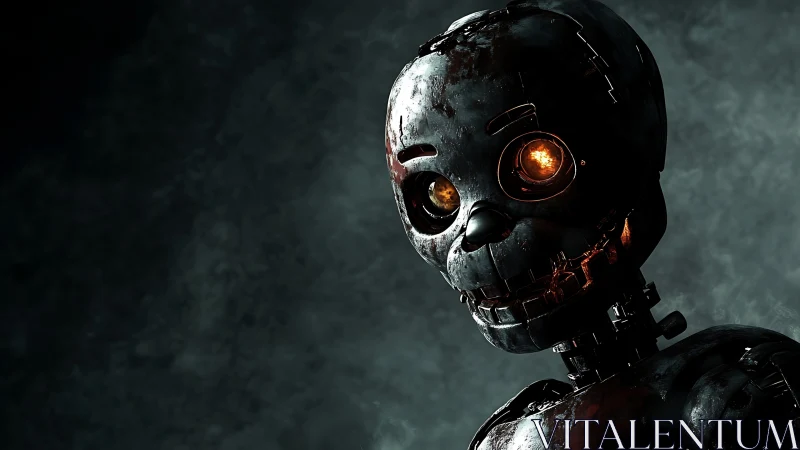 Burnt metal animatronic stares with fiery glowing eyes.