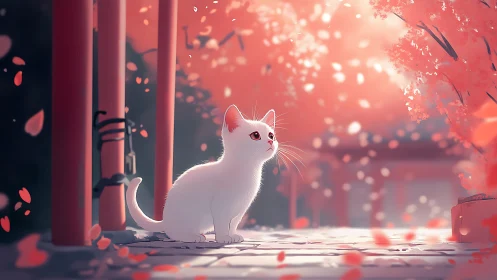 Digital painting of white cat beneath sakura arcade in bloom.