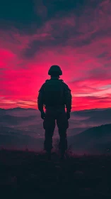 Silhouetted soldier observes neon magenta horizon at dusk
