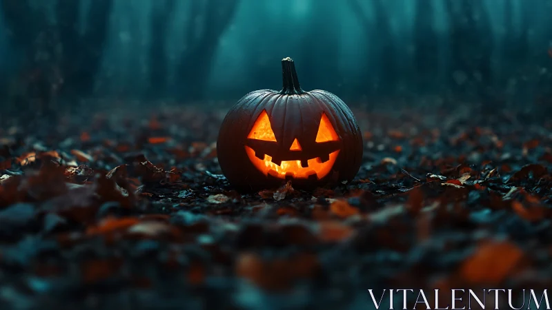 Jack-o’-lantern glows in eerie blue forest gloom at dusk.