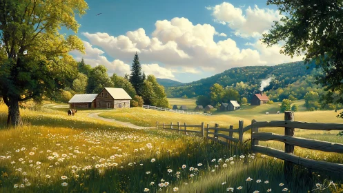 Golden country meadow unfolds around peaceful farm cottages