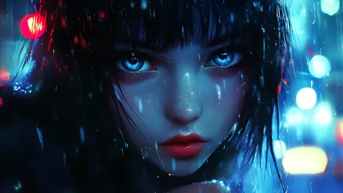Blue-eyed cyberpunk girl stares through neon city rain