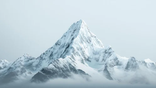 Snow covered mountain peak above rugged misty ridges.