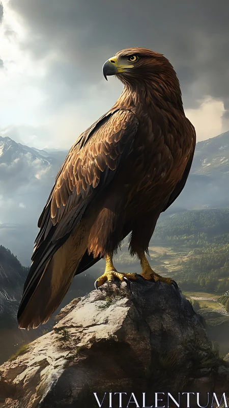 Golden eagle stands on rocky peak above distant valley
