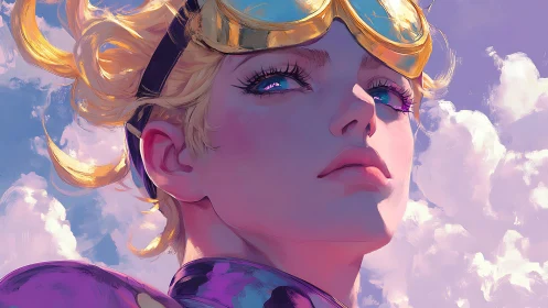 Sky-bright dreamer in golden goggles and pastel light.