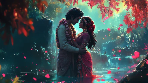 Ethereal Romance. Couple Embraces Beneath Glowing Canopy of Flowers.