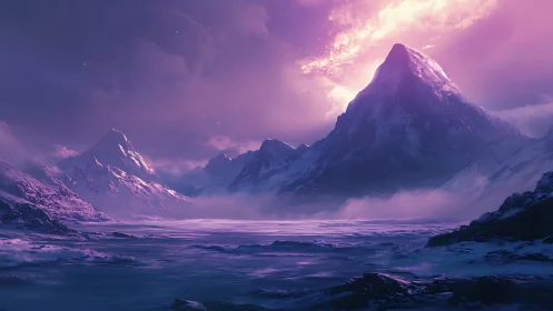 Luminous violet sunset bathes icy mountain valley