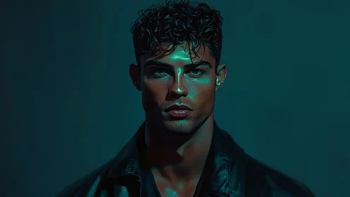 Neon shadows sculpt a brooding stranger in teal silence