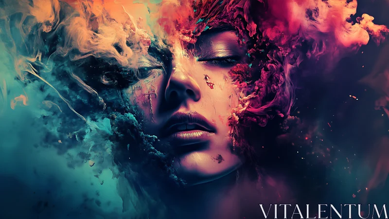 Surreal digital portrait merging face with swirling cosmic smoke.