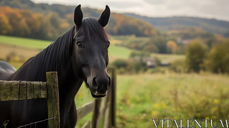 Black horse stands by wooden fence in rural landscape