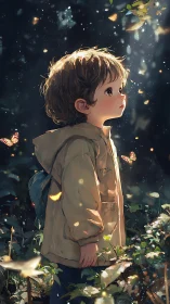Young child in forest glow observing fluttering butterflies.