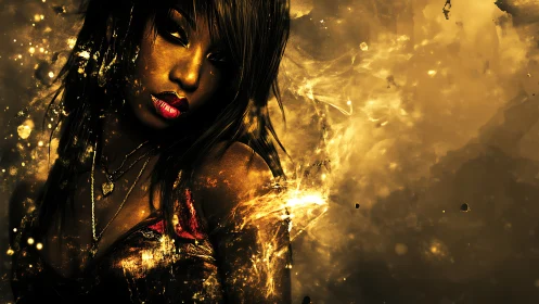 Golden portrait shows woman dissolving into radiant sparks