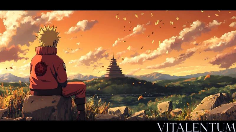 Anime figure observing pagoda landscape at orange sunset.