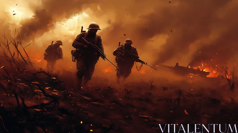 Soldiers Advancing Through Fire and Smoke.