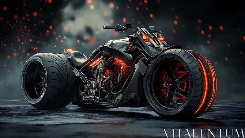 Midnight war-bike growls forward on ember-ringed wheels