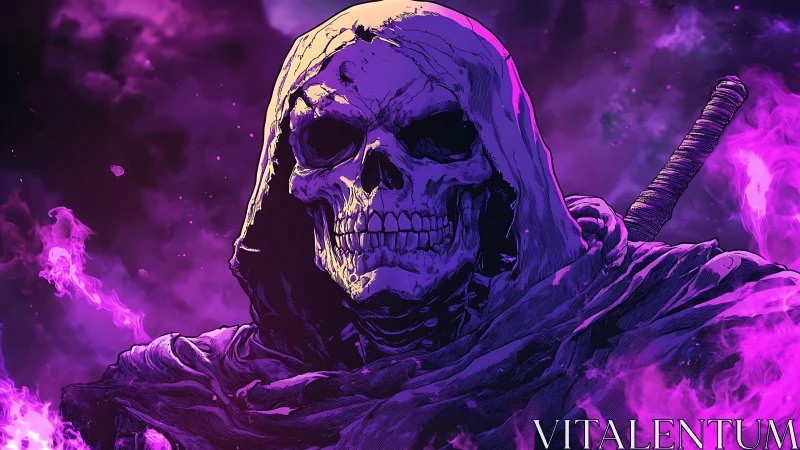 Hooded skeletal warrior in neon magenta vapor with detailed linework