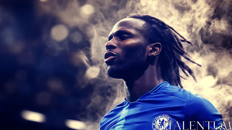 Side-lit footballer exhaling vapor in high-contrast stadium haze