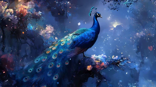 Spectral peacock on bioluminescent forest bough at dusk.