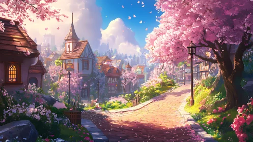 Sunlit cobblestone lane drifts through blossom-bright village