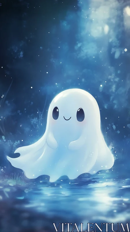 Gentle moonlit ghost drifts over a quiet blue pond.