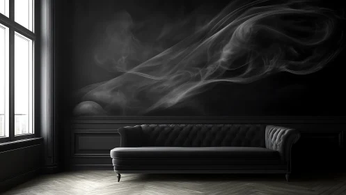 Monochrome interior shows sofa beneath abstract smoke mural