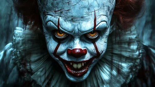 Sinister clown close-up with glowing golden eyes in shadows.