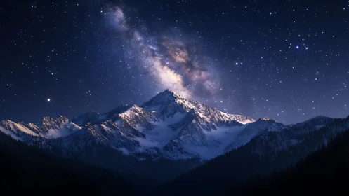 Snow-covered mountains are shown beneath a dense star field