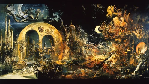 Mythic architectural landscape with celestial and human forms.