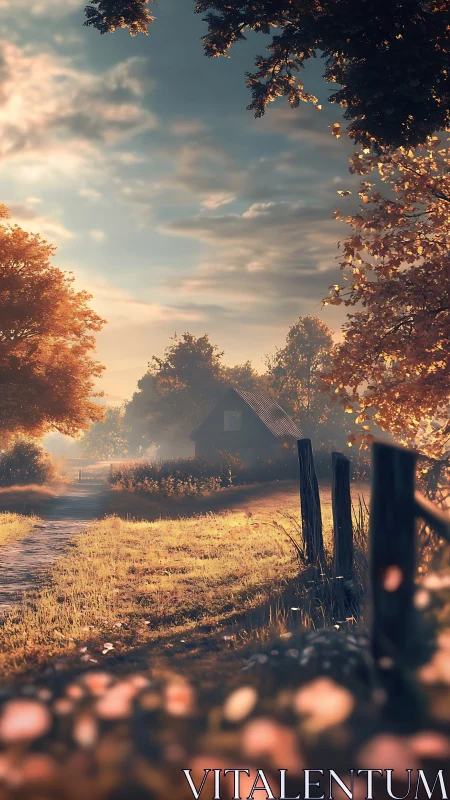Country lane and cabin in warm autumn evening light.