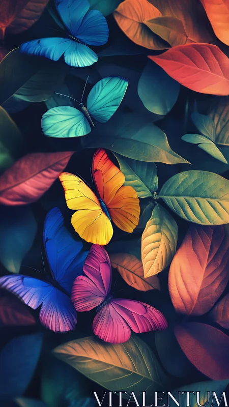 Vibrant butterflies rest over multicolored foliage at dusk