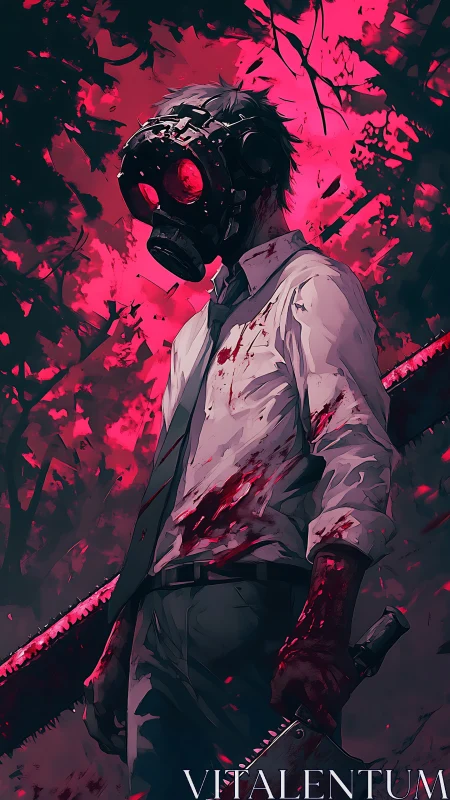 Digital painting of masked slasher with neon bloodscape backdrop.