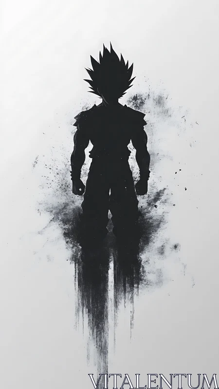 Ink-born warrior silhouette rising from stormy splatters.