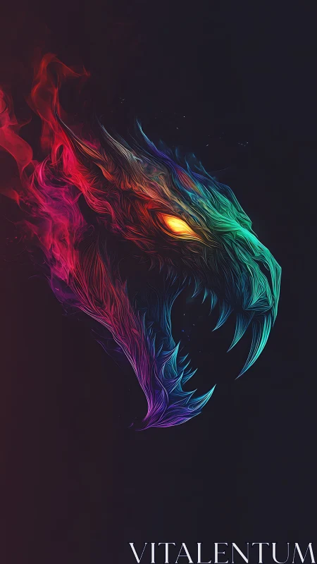 Neon dragon head ignites a dark void with fiery gradients